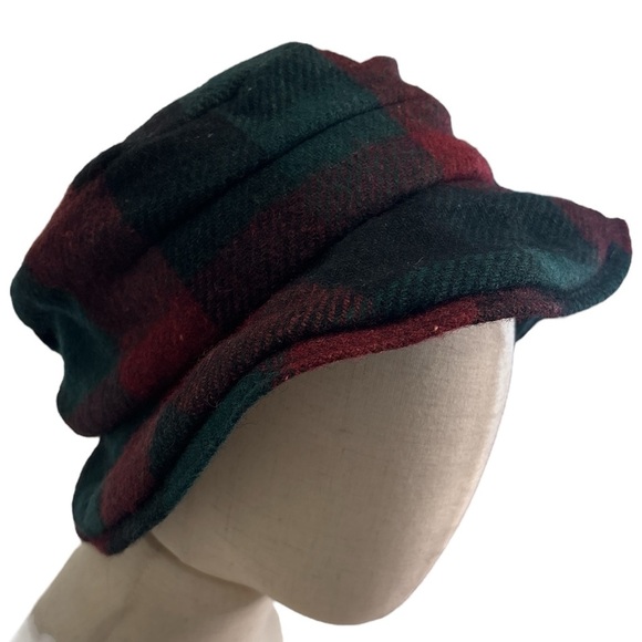 VINTAGE WOOL BLEND BURGUNDY GREEN & BLACK PLAID BUCKET HAT CLASSIC CASUAL - Picture 4 of 7